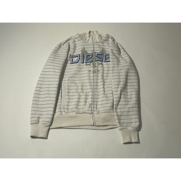 Vintage Diesel Jacket – White & Blue Striped, Size Large - Picture 1 of 3